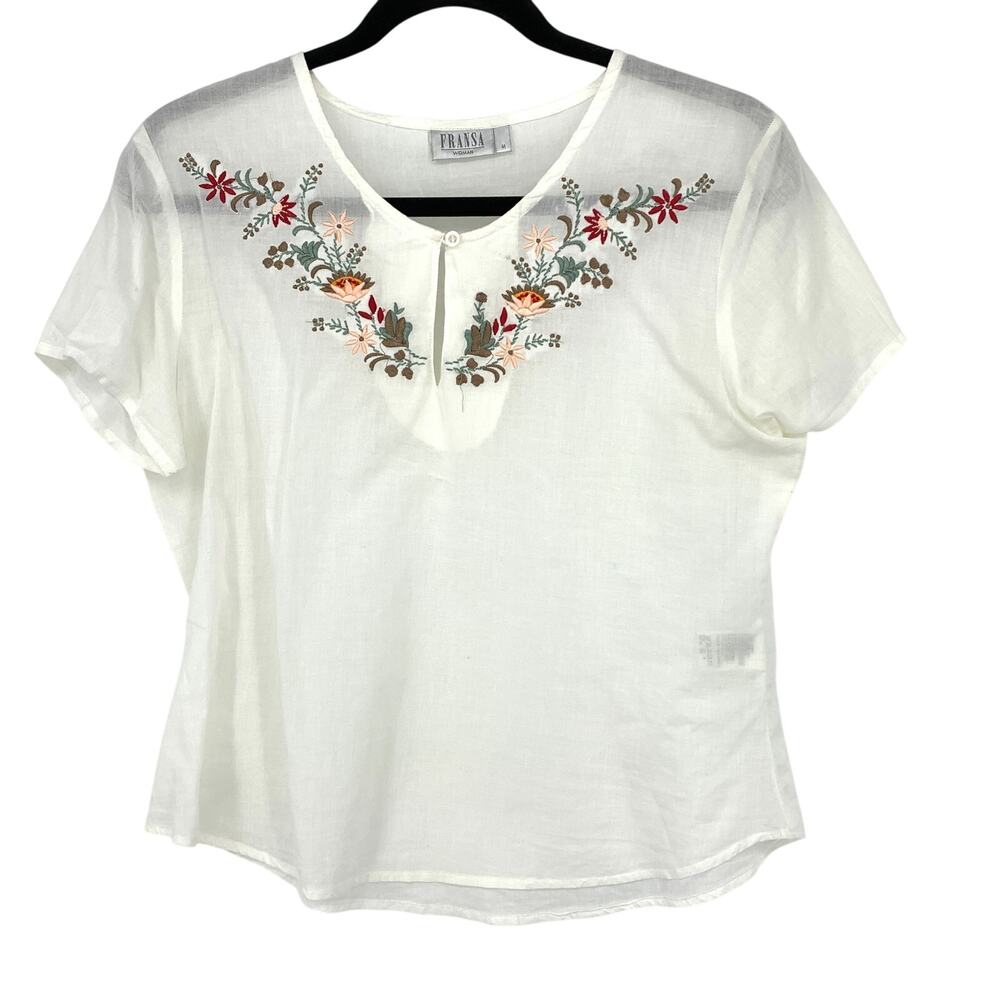 Fransa Short Sleeve Sheer Blouse Womens Size Medium White Embroidered Floral